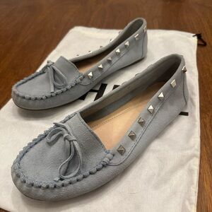 Schutz Moccasin Loafers Studded Blue Suede, Size 7.5